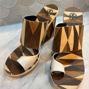 Tory Burch Kepner Brown and Cream Geometric Platform Sandals